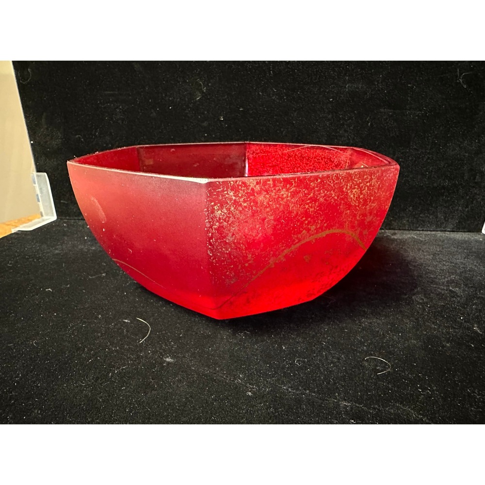 Vintage Ruby Red Woman Glass Hexagonal Bowl Frosted‎ Gold Speckled Decorative